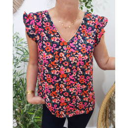 Blouse femme marine fleurs roses orangées Florentina