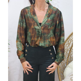 Blouse satinée verte marron col chemise Billie