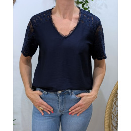 Blouse femme bleu marine manches et dos dentelle fleurie Elaria