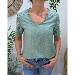 Blouse femme vert agate manches et dos dentelle fleurie Elaria