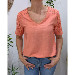 Blouse femme corail manches et dos dentelle fleurie Elaria