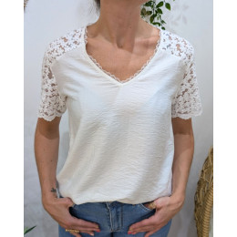 Blouse femme blanche manches et dos dentelle fleurie Elaria