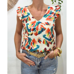 Blouse femme coton écru motifs multicolores Bernadette