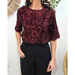 Blouse femme à sequins rouge bordeaux