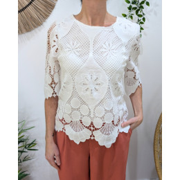 Blouse femme manches courtes dentelle blanc