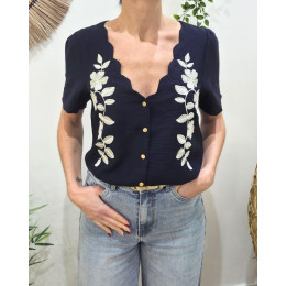 Blouse femme manches courtes marine broderies fleurs blanches 