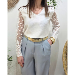 Blouse femme écru manches longues brodées Liv