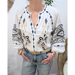 Blouse femme écru manches longues broderies marine et doré