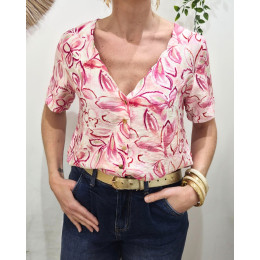Blouse femme manches courtes rose fleurie Thémis