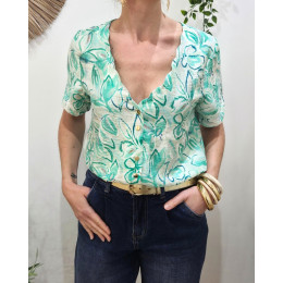 Blouse femme manches courtes verte fleurie Thémis