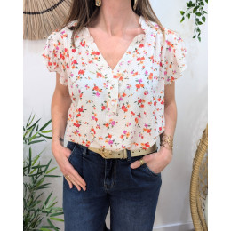 Blouse femme écrue fleurs orange et rouge Fiammetta