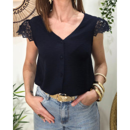 Blouse femme marine broderies dos et manches Olaya