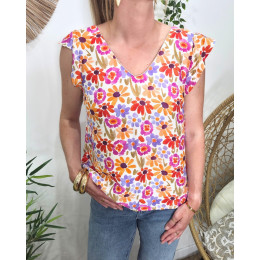 Blouse femme manches volantes rose orange et violet Isotta