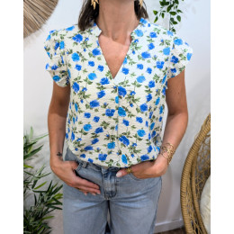 Blouse femme manche volantes fleurs bleues et vertes Delfina
