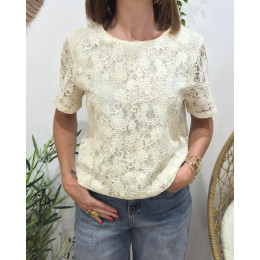 Blouse femme brodée beige manches courtes Clémence