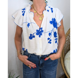 Blouse femme blanche broderies bleu roi Olena