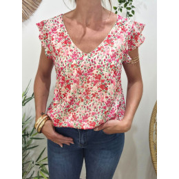 Blouse femme écrue fleurs roses rouges Noémie