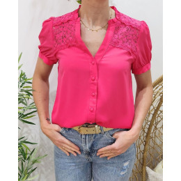 Chemisier femme manches courtes dentelle rose fuchsia Sérana