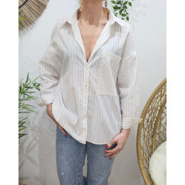 Chemisier femme blanc rayé bleu et rose liseré argenté