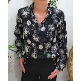 Chemisier femme noir à fleurs brodées écrues