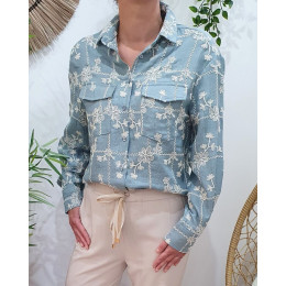 Chemisier femme bleu jean à carreaux fleuris brodés beiges