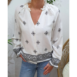 Chemisier femme coton écru motifs noirs Adara