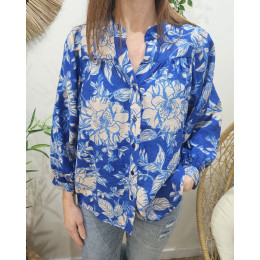 Chemisier femme bleu roi fleurs beiges