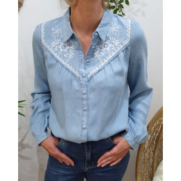 Chemisier femme bleu jean broderies fleuries