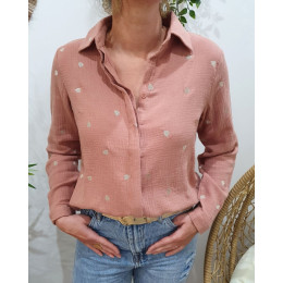 Chemisier coton gaz vieux rose coeurs dorés