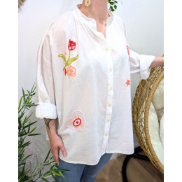 Chemisier femme oversize blanc broderies multicolores fluos