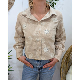 Chemisier femme beige à fleurs brodées écrues Héléna