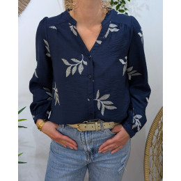 Chemisier femme coton bleu marine feuilles brodées écrues