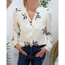 Chemisier femme coton écru feuilles brodées marines