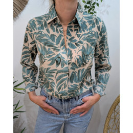 Chemisier femme beige feuillages verts