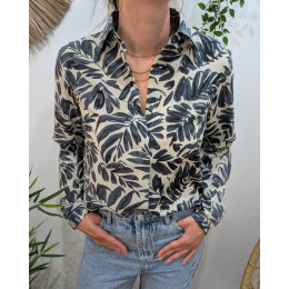 Chemisier femme écru  feuillages bleus