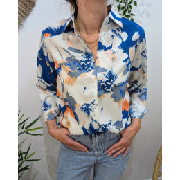 Chemisier femme bleu blanc corail fleuri Liana