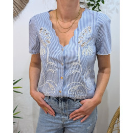 Chemisier femme rayé bleu et blanc broderies ajourées Méline