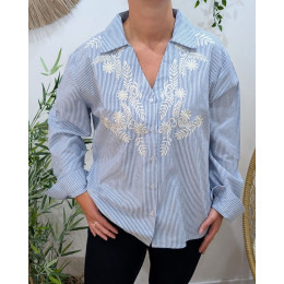 Chemisier femme rayé bleu et blanc broderies feuillages