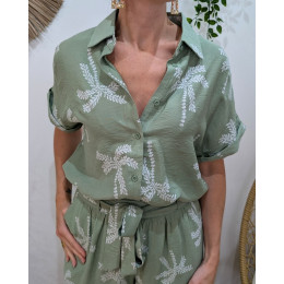 Chemisier femme vert amande palmiers blancs