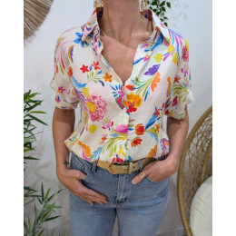 Chemisier femme écru fleurs multicolores Romylla