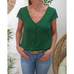 Blouse femme verte dos et manches dentelle Enya