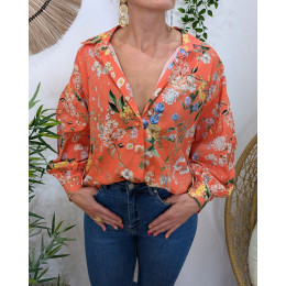 Chemisier femme fleuri corail