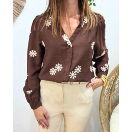 Chemisier femme marron broderies beiges Aléthéa