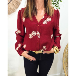 Chemisier femme rouge bordeaux broderies beiges Aléthéa