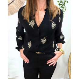 Chemisier femme noir broderies beiges Ambrine