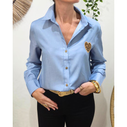 Chemisier femme coton bleu jean coeur léopard brodé