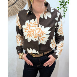 Chemisier femme marron fleurs écrues et camels Ophéa