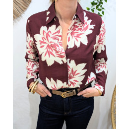 Chemisier femme bordeaux fleurs écrues Ophéa