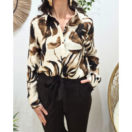 Chemisier femme beige motifs fleuris marrons Faëline