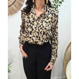 Chemisier femme taupe et noir léopard paillettes dorées
